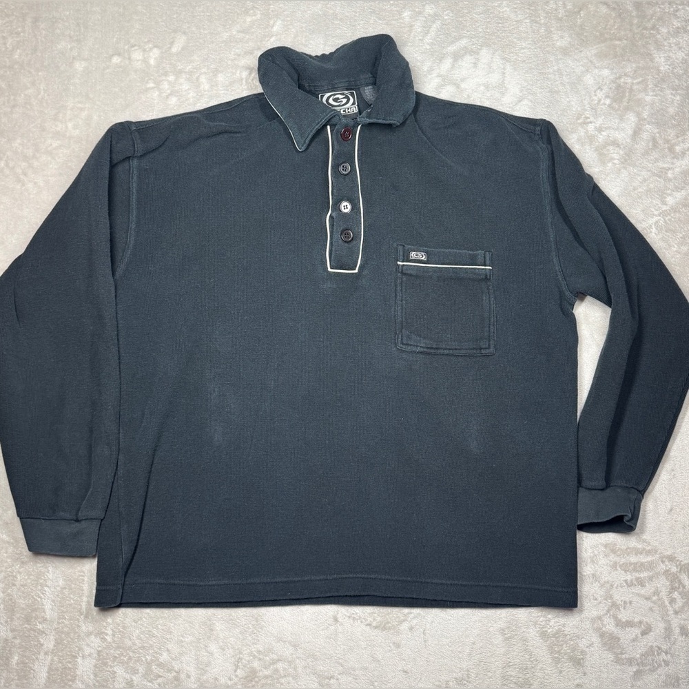 Vintage Gotcha Men’s Surf Skate 100% Cotton Black Knit Long Sleeve Polo Top S